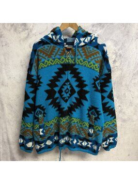 Yari Artesanias Aztec Wool Jacket Sweater Mens Large Full Zip Hood Vintage